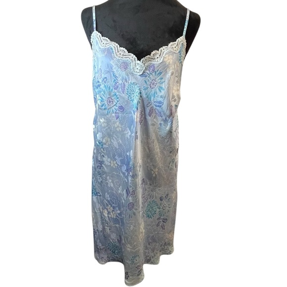 August Silk Blue Floral Lace Chemise Slip Dress Nightgown SZ L - Picture 2 of 13